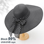 Wide Brim Sun Hat for Women Floppy Straw Hat Summer Beach Hats Fashionable Trendy Hats Sun Protection UPF 50+ (1 Pack With Polka Dot Bow: Black)