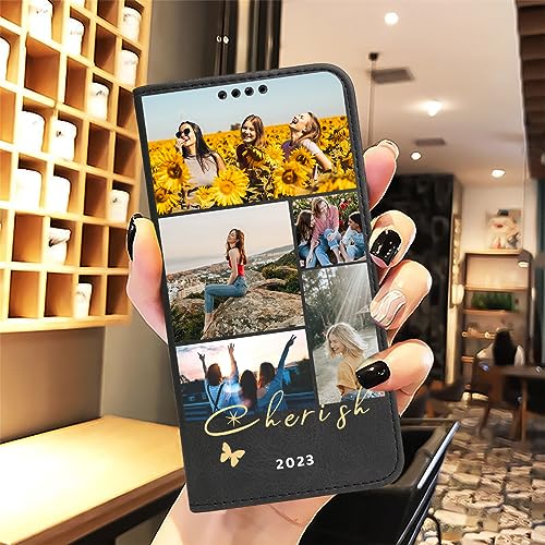 Personalized Flip Wallet Phone Case for Apple iPhone 17 16 15 14 Pro Max Plus 13 Mini 12 11 XR XS X 8 7 SE 2020 with Photo Picture Image Text Name (Black-G)