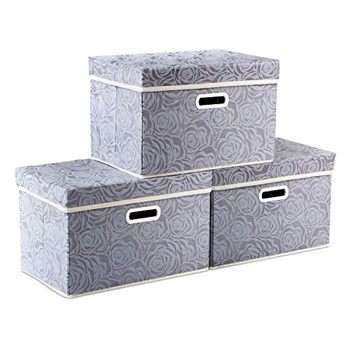 Collapsible Storage Boxes with Lids Fabric Decorative Storage Bins Cubes Organizer Containers Baskets with Cover Handles Divider for Bedroom Closet Living Room 14.9x9.8x9.8 Inch 3 Pack (Gray / Medium(3-Pack))