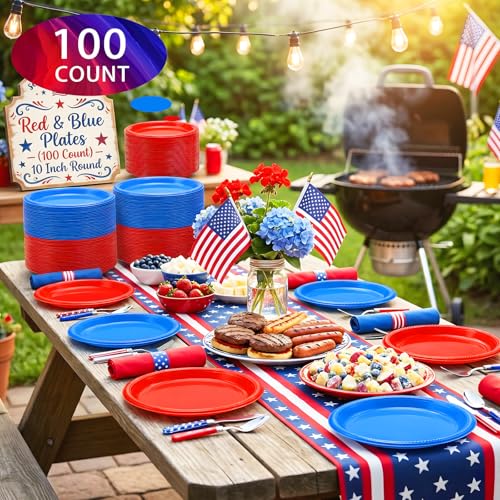 100 Count Red and Blue Disposable Plates 10 Inch (Red/Blue / 100 Pcs)
