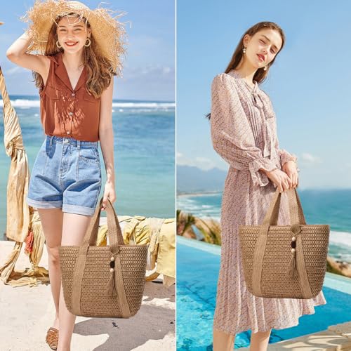 Straw Beach Bags for Women Summer Tote Bag Boho Shoulder Purse (D Khaki)