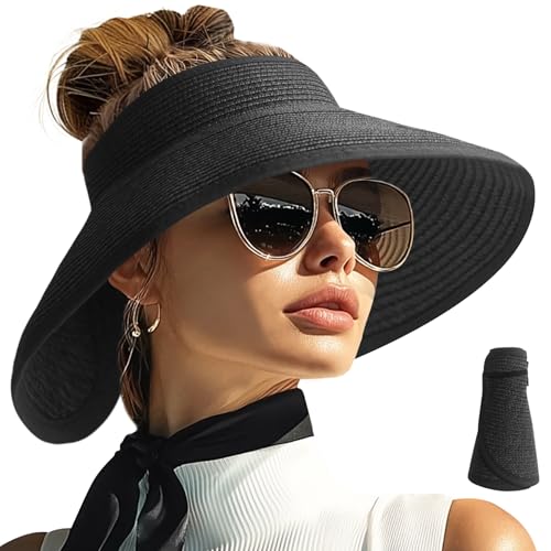 Sun Visor Hats for Women Wide Brim Straw Packable Beach Hat Black (Black)
