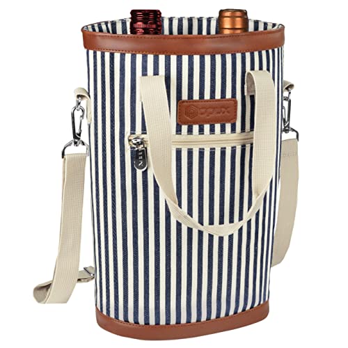 2 Bottle Wine Bag Carrier Insulated Leakproof Wine Cooler Navy Stripes (Navy Stripes)