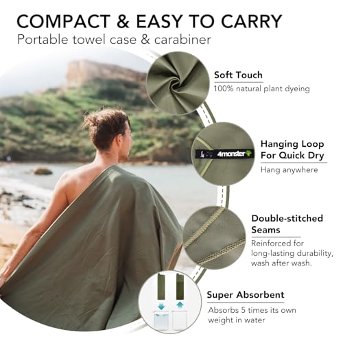 Quick Dry Travel Towel with Case & Carabiner (Army Green / 31.50" x 15.80")
