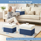 Large 22 Quart Linen Fabric Foldable Storage Bin Cube Organizer Basket with Flip (Navy Blue & White / Medium - 4 Pack)