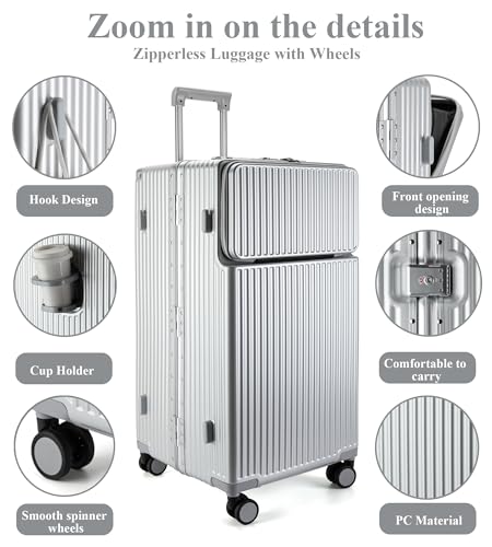 Super Large Aluminum Frame Zipperless Checked Luggage Front Pocket (B2-Silver / 30in)