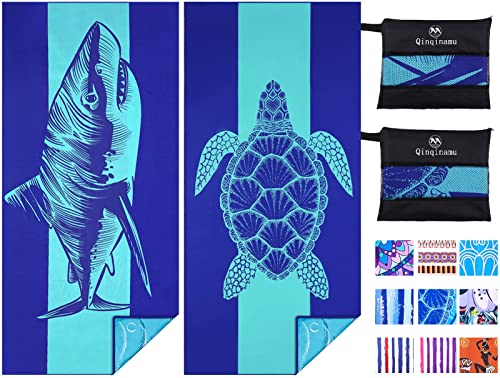 Microfiber Beach Towel with Bag Oversized 71x32 Sand Free 2 Pack (2 Pack Turtle Shark / 71"x32")