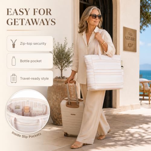 Waterproof Beach Tote Pool Bags for Women Ladies Extra Large Carry On Bag With Wet Compartment for Weekender Travel (Khaki Irregular Stripes)