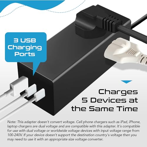 65W World Travel Adapter 3 USB Ports PD 3.0 Ultra Compact Charger 2 US Outlets [GaN Tech] (Black)