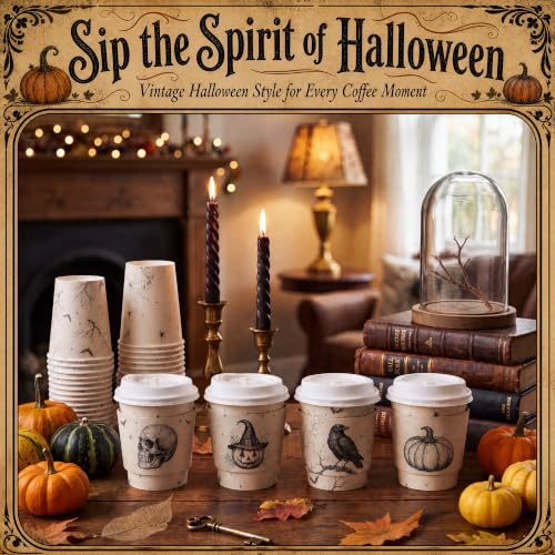 100 Sets 8 oz Halloween Disposable Coffee Cups with Lid and Sleeve (Spider)