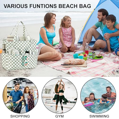 Waterproof Beach Tote Pool Bags for Women Ladies Extra Large Gym Tote Carry On Bag With Wet Compartment for Weekender Travel (Grass Green White Grid)