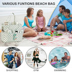 Waterproof Beach Tote Pool Bags for Women Ladies Extra Large Gym Tote Carry On Bag With Wet Compartment for Weekender Travel (Grass Green White Grid)