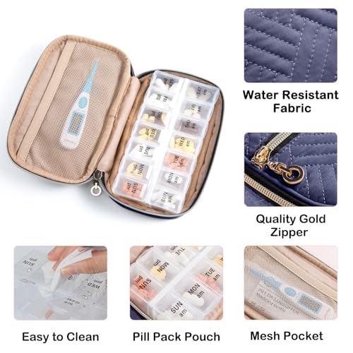 Travel Pill Organizer 2 Times a Day with Cute Fabric Pill Case (Blue / Small)