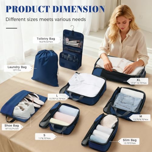 4 Set/6 Set/8 Set Compression Packing Cubes Travel Accessories Expandable Packing Organizers(HalfMesh,8-Navy) (8-Navy / Half Mesh)