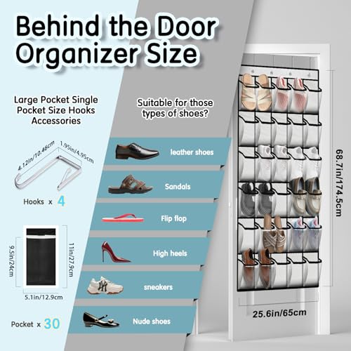 Over the Door Shoe Organizer with 30 Breathable Mesh Pockets (Snow White)