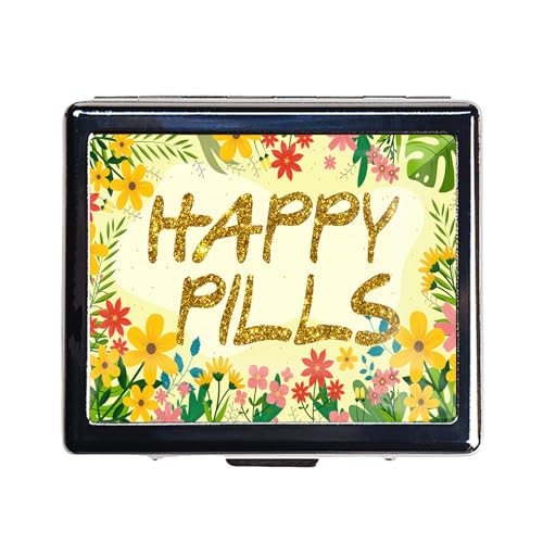 Silver Vintage Pill Box 7 Day Metal Pill Box with Mirror and 8 Compartments Cute Travel Pill Organizer for Purse (Happy Pills)