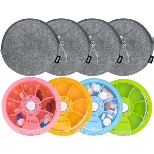 4PCS INVODA Weekly Pill Organizer 7 Compartment Rotating Pill Box for Daily (4pcs+4 Bag)