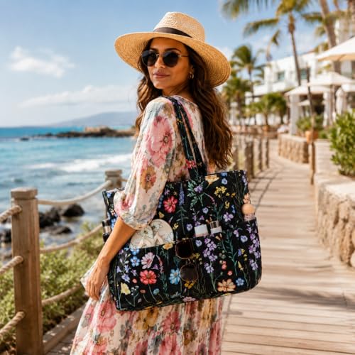 Waterproof Beach Tote Pool Bags for Women Ladies Extra Large Carry On Bag With Wet Compartment for Weekender Travel (Black Butterfly-floral)