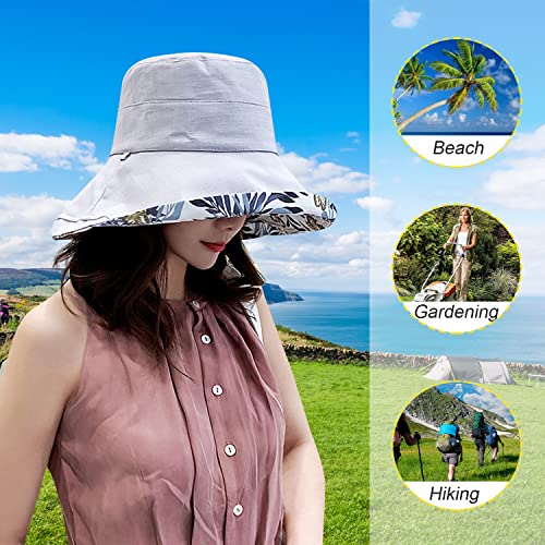 Women Floral Reversible Wide Brim Sun Hats Summer UV Protection Hiking Fishing Hat Wired Edge Beach Garden Lawn Work Cap Chin Strap (Medium / Qf002-gray)