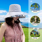Women Floral Reversible Wide Brim Sun Hats Summer UV Protection Hiking Fishing Hat Wired Edge Beach Garden Lawn Work Cap Chin Strap (Medium / Qf002-gray)