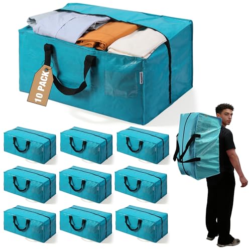 10 Pack Extra Large Moving Bags with Backpack Straps & Handles (Blue / 10 Pack)