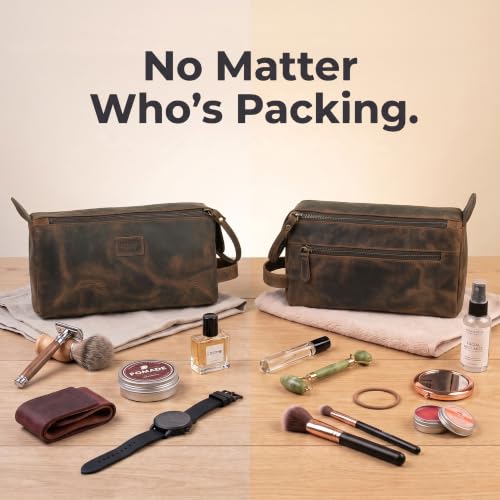 Genuine Leather Toiletry Travel Bag For Men & Women (Rustic Brown / 10"X5")