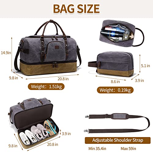 Nerlion Weekender Bag with Shoe Compartment Large Overnight Bag for Men Canvas Genuine Leather Carry on Luggage Bag Travel Duffel Bag (Gray)