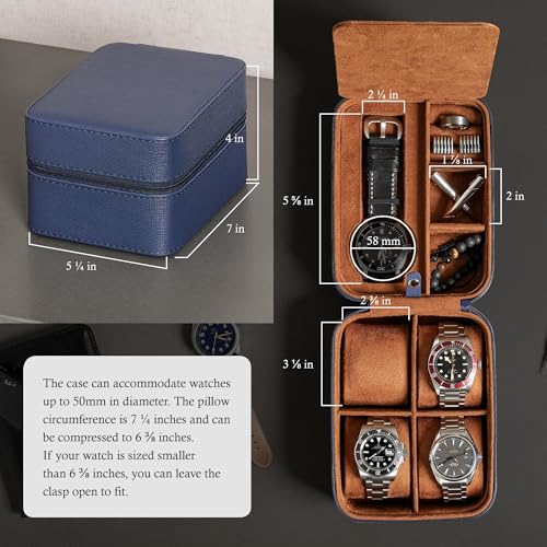 5 Watch Travel Case Storage Organizer for 5 Watches (Blue / Tan)