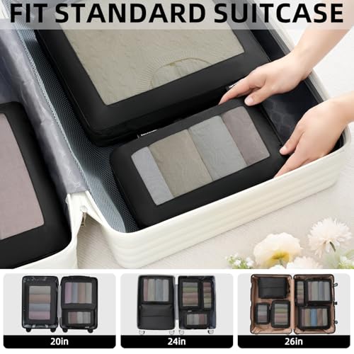 4 Set/6 Set/8 Set Compression Packing Cubes Travel Accessories Expandable Packing Organizers (Square Mesh, 05-Jet Black) (05-Jet Black / Square Mesh)