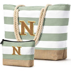 Beach Bag Initial Beach Tote with Makeup Bag for Travel (Light Green / N)