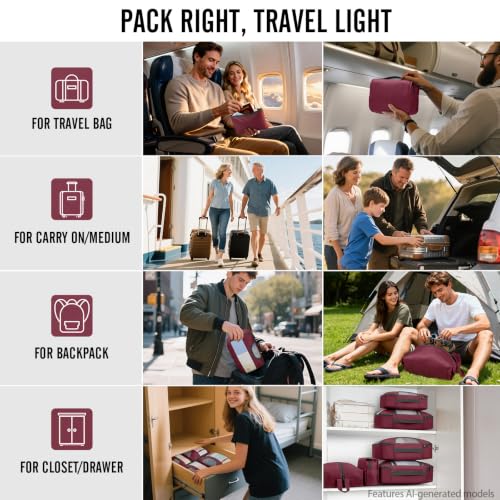 10 Set Packing Cubes for Travel Essentials (12 Wine Red)
