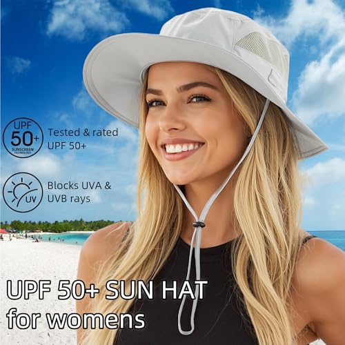 Womens Sun Hat Outdoor Wide Brim Boonie Sun Hat Summer Beach Hats UV Protection Fishing Safari Cap Light Grey (Large / Light Grey)