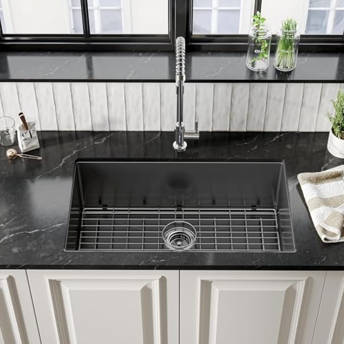 32 x 19 Inch Gloss Black Ceramic Coating with NanoTek Undermount Kitchen Sink (32 x 19 x 10 Inch / Dark Gray)