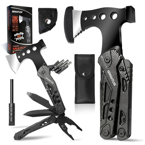 16 in 1 Multitool Camping Survival Gear with Axe Saw Pliers Whistle Hammer (Black)