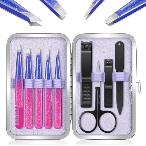 Tweezers Set 9 Pcs Nail Clipper Kit with Case for Eyebrows Grooming (D-purple)