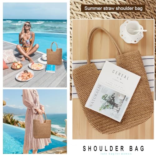 Straw Beach Bags for Women Summer Tote Bag Boho Shoulder Purse (C Khaki)