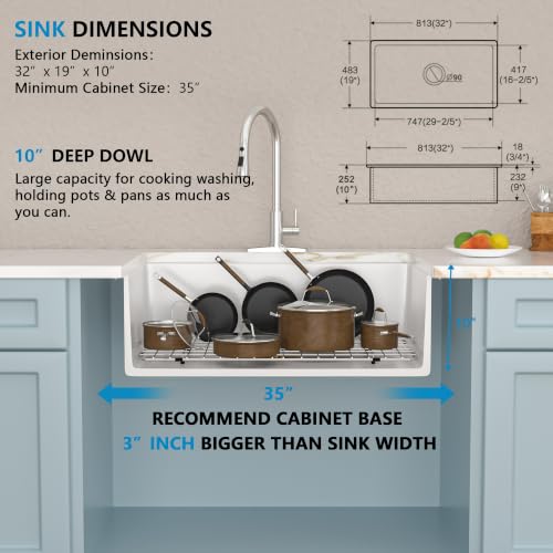 32"x19" White Undermount Kitchen Sink (32"x19"x10" / White Gold)