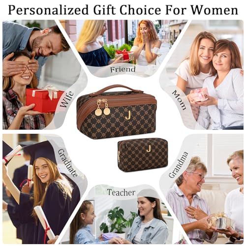 Initial Makeup Bag Personalized Gift for Women Teen Girls (Coffee / J)