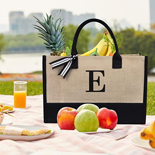 Initial Jute Canvas Tote Bag (Black & Brown / E)