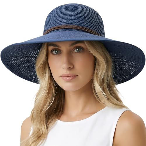 Womens Sun Straw Hat Bowknot Hat Summer Wide Brim Bucket Hats Foldable Beach Sun Hats Roll up UPF 50+ (1 Pack Bowknot Hat: Navy Blue, 4.7" Brim)