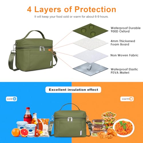 NOL Insulated Lunch Bags for Women Cooler Bag Lightweight Nylon Waterproof Lunch Box for Work (Amy green / Small (4 Liters))