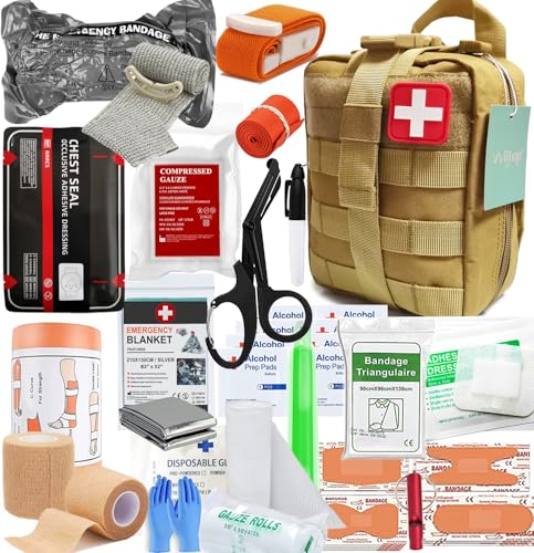 IFAK Kit Trauma Kit Military Medical First Aid Kits Bleeding Contral Emergency Survival Bug Out Bag for Camping Gear Supplies Hiking (Tan)