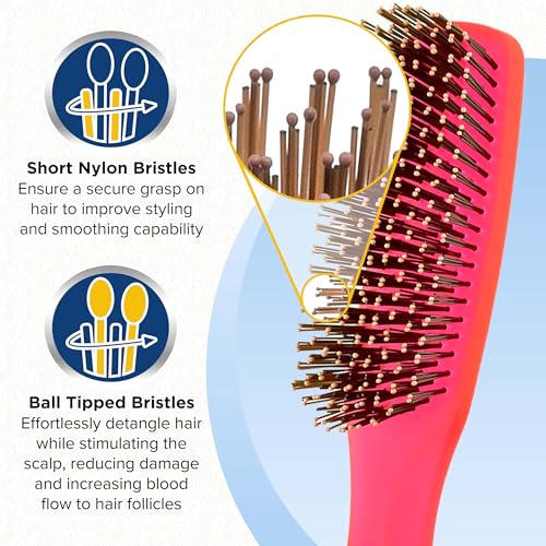 GION1R Neon Red 7.75 inch Gentle Touch Detangler Hair Brush for Men and Women. Soft Bristles for Sensitive Scalp. Wet and Dry for all Hair Types. Scalp Massager Brush Stimulate Hair Growth (Large / Red)