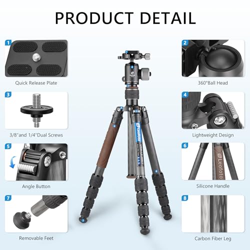 Carbon Fiber Lightweight Travel Tripod with 360° Ball Head (with Center Column, Max Load 8kg)
