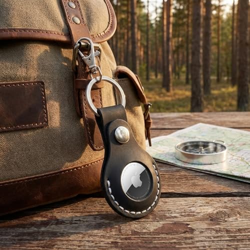Toprank Leather Keychain Holder Compatible with Apple AirTag (Black)