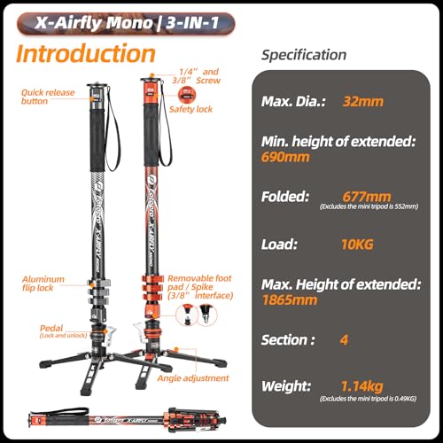 73" 3-in-1 Carbon Fiber Monopod with Pedal, Carbon Fiber Travel Monopod with Feet Max Load 22lbs for DSLR Camera Stabilizer Videography Kit, X-Airfly Mono Orange (Orange)