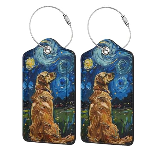 Luggage Tags for Suitcases Starry Night Golden Retriever Luggage Tags PU Leather Travel Name Tags Baggage Tags for Cruise Ships Airport Essentials 2 Pack (Dog)