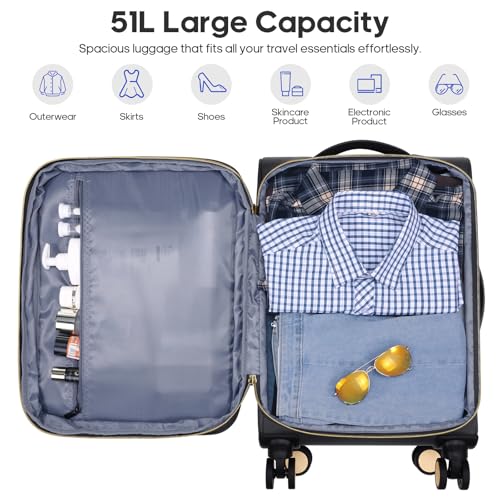 Softside Carry On Luggage 20 Inch Expandable Carry On Luggage 22x14x9 Airline Approved with Spinner Wheels & TSA Lock (Black)