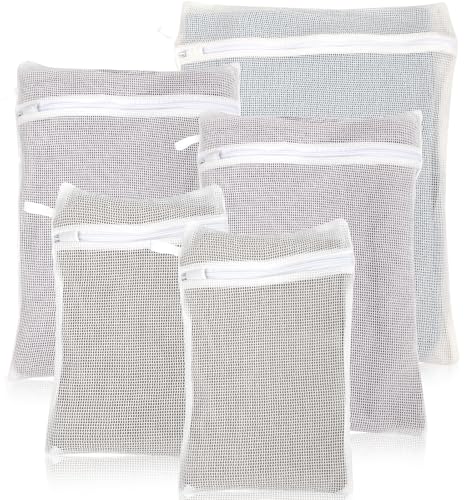 5 Piece Organic Cotton Laundry Bags with Zipper and Hanging Loop (White)
