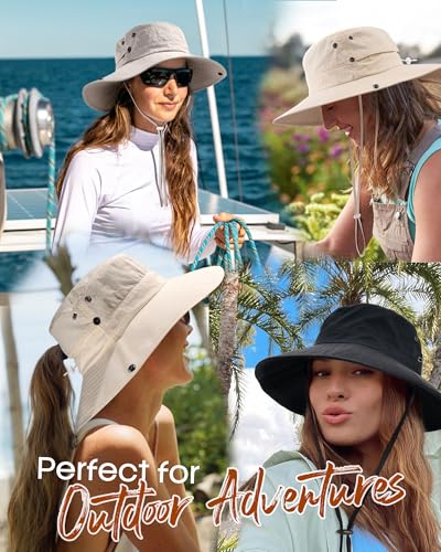 Sun Hats for Women Wide Brim Bucket Hat Ponytail Hole Outdoor UPF (Green)
